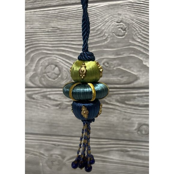 Vintage Christmas Threaded Beaded Tassel  5” Ornament Unique Blue Green Gold - Picture 1 of 8